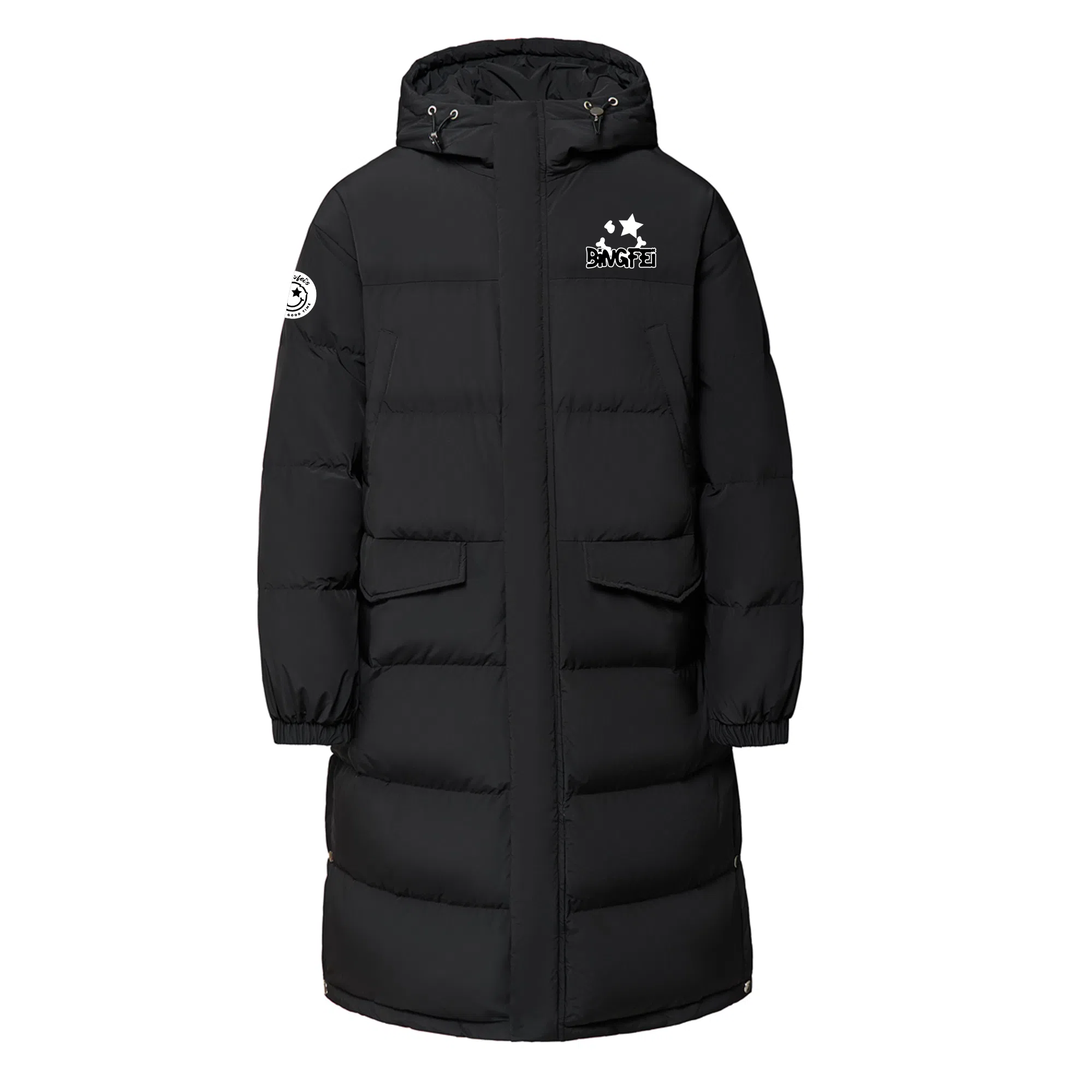 冰飞 美式复古高街潮牌经典基础款字母星星印花凹凸质感胶标大口袋保暖防风上衣下摆开叉设计中长款时尚情侣连帽外套羽绒服 男女同款