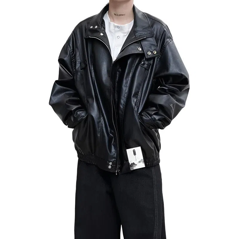 【美式痞帅PU皮休闲拉链外套】布客行 狂野硬朗摇滚机车叛逆霸气纯色宽松百搭工装学院风美拉德翻领设计防风防水个性  夹克 男女同款