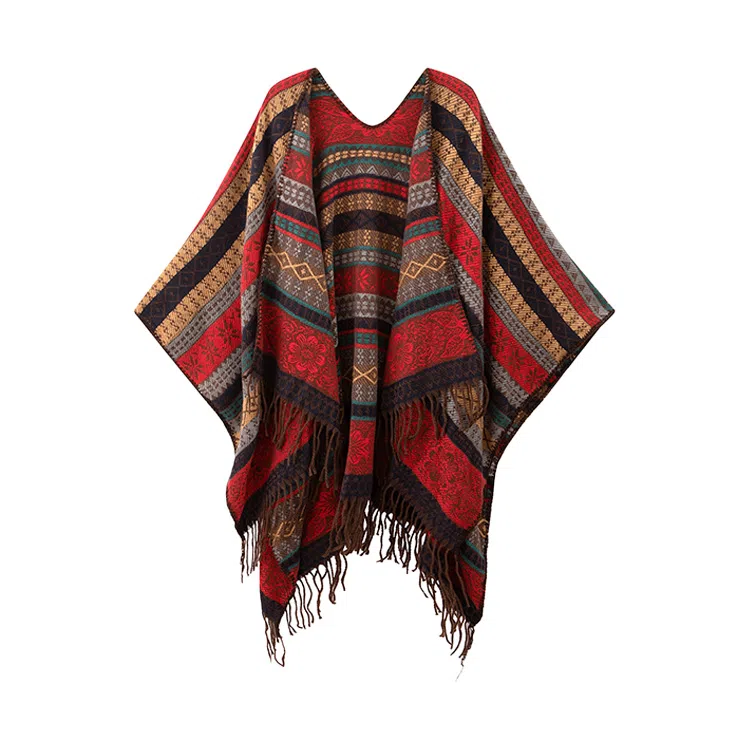 浪莎 外搭民族风流苏薄款条纹撞色百搭 聚酯纤维 披肩 女款