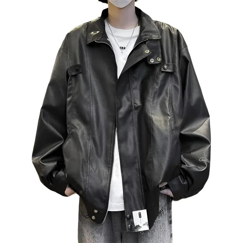 【秋季穿搭美式痞帅PU皮机车拉链外套】布客行 酷飒不羁狂野硬朗摇滚叛逆纯色宽松休闲百搭工装风翻领设计防水夹克 男女同款