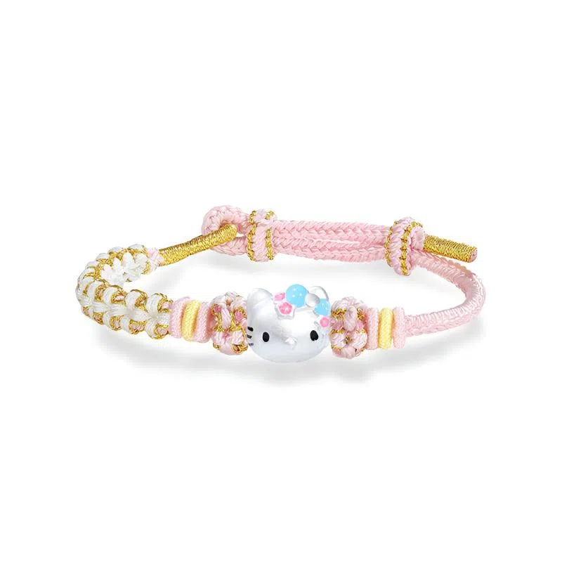 【纯银999】 琉堇 萌趣卡通可爱猫咪蝴蝶结 甜美森系招财猫简约气质个性百搭樱花粉国潮新中式甜妹手饰#好运 手工编织绳 足银手绳 女款