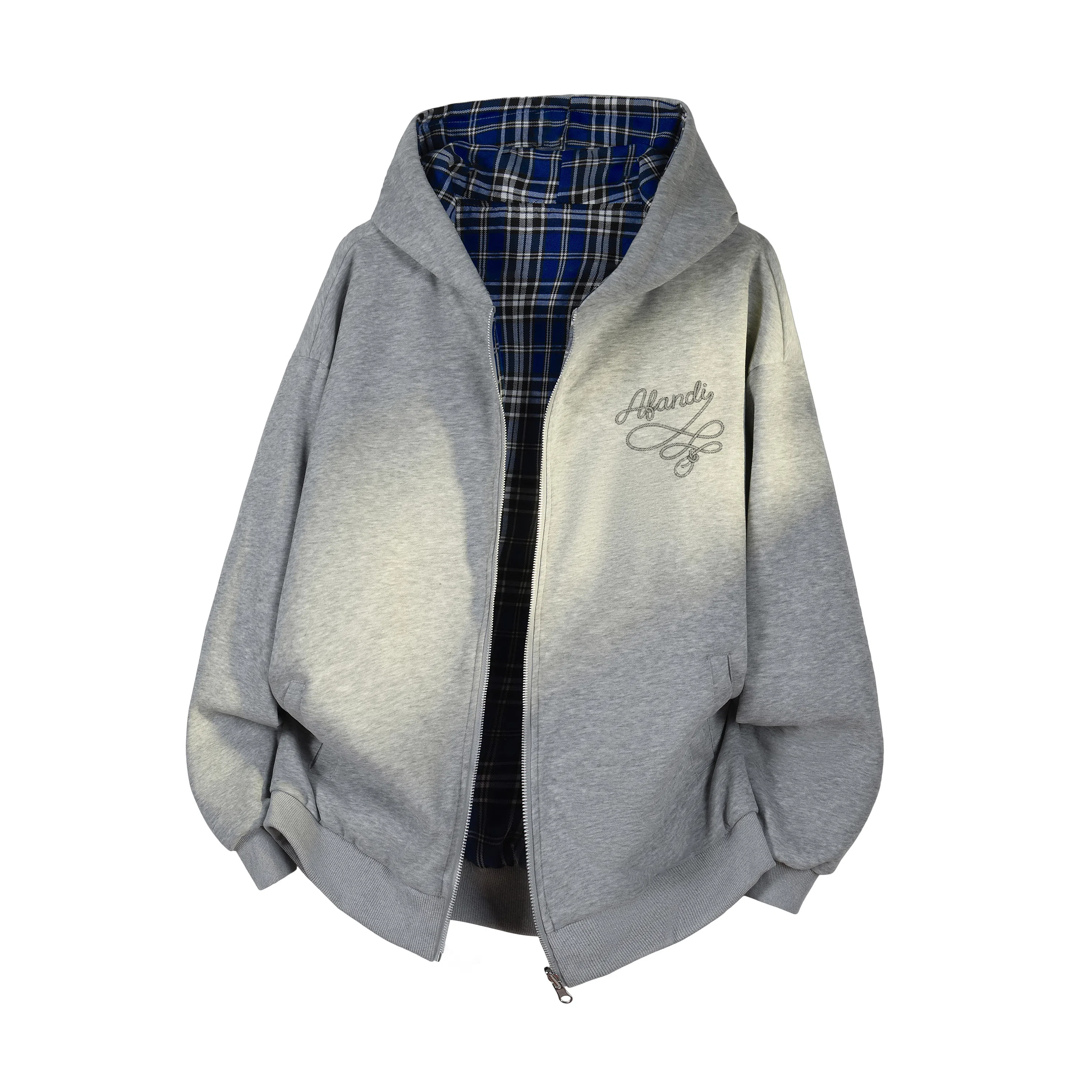 阿凡迪 美式高街复古格子重磅双面穿拼接潮牌嘻哈高级感设计时尚百搭宽松休闲舒适长袖廓形外套情侣连帽开衫卫衣 男女同款