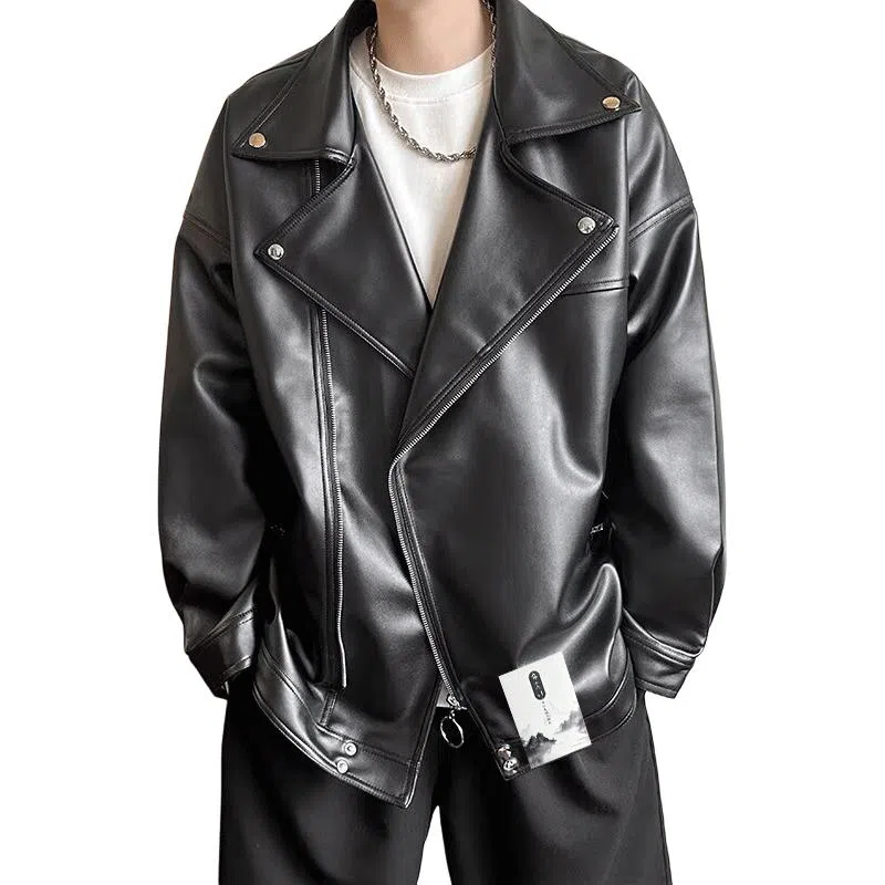 【痞帅休闲风斜拉链机车皮衣】布客行 狂野硬朗不羁摇滚叛逆霸气硬汉宽松软工装美拉德色系个性做旧廓形百搭外套夹克 男女同款