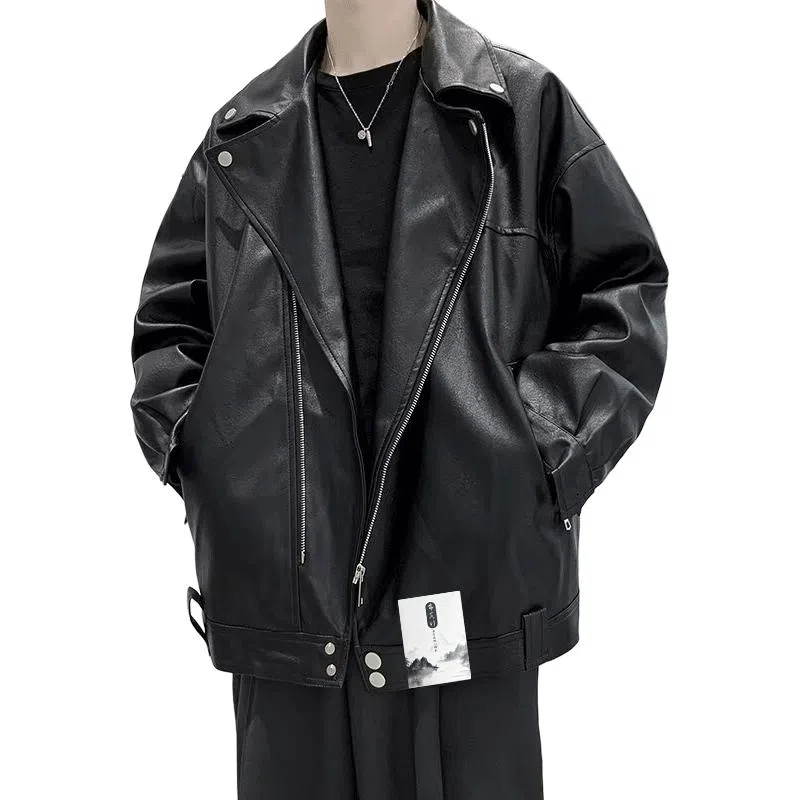 【个性做旧痞帅机车斜拉链】布客行 复古街头潮酷前卫摩登赛博朋克质感宽松休闲百搭皮衣小众设计高级感日常夹克 男女同款