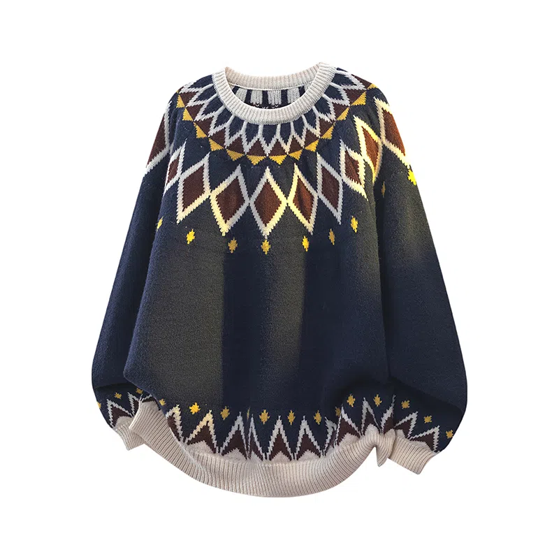 欧迪芬 慵懒风美式复古几何图形舒适保暖时尚通勤潮流百搭无性别情侣宽松学院风简约韩系闺蜜装费尔岛提花图案圆领长袖毛衫毛衣 男女同款