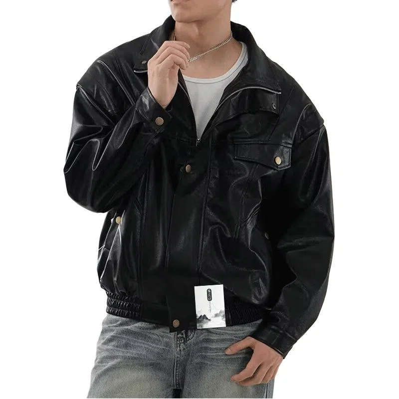 【美式复古短款廓形机车皮衣】布客行 赛博朋克痞帅狂野硬朗摇滚叛逆霸气不羁防水防风做旧质感英伦学院风翻领百搭外套  夹克 男女同款