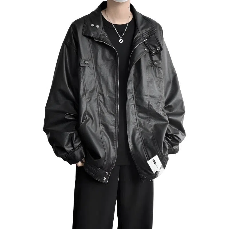 【痞帅休闲PU皮工装拉链外套】布客行 潮酷前卫时髦摩登赛博朋克叛逆霸气纯色宽松百搭个性学院风美拉德翻领设计防风防水夹克 男女同款