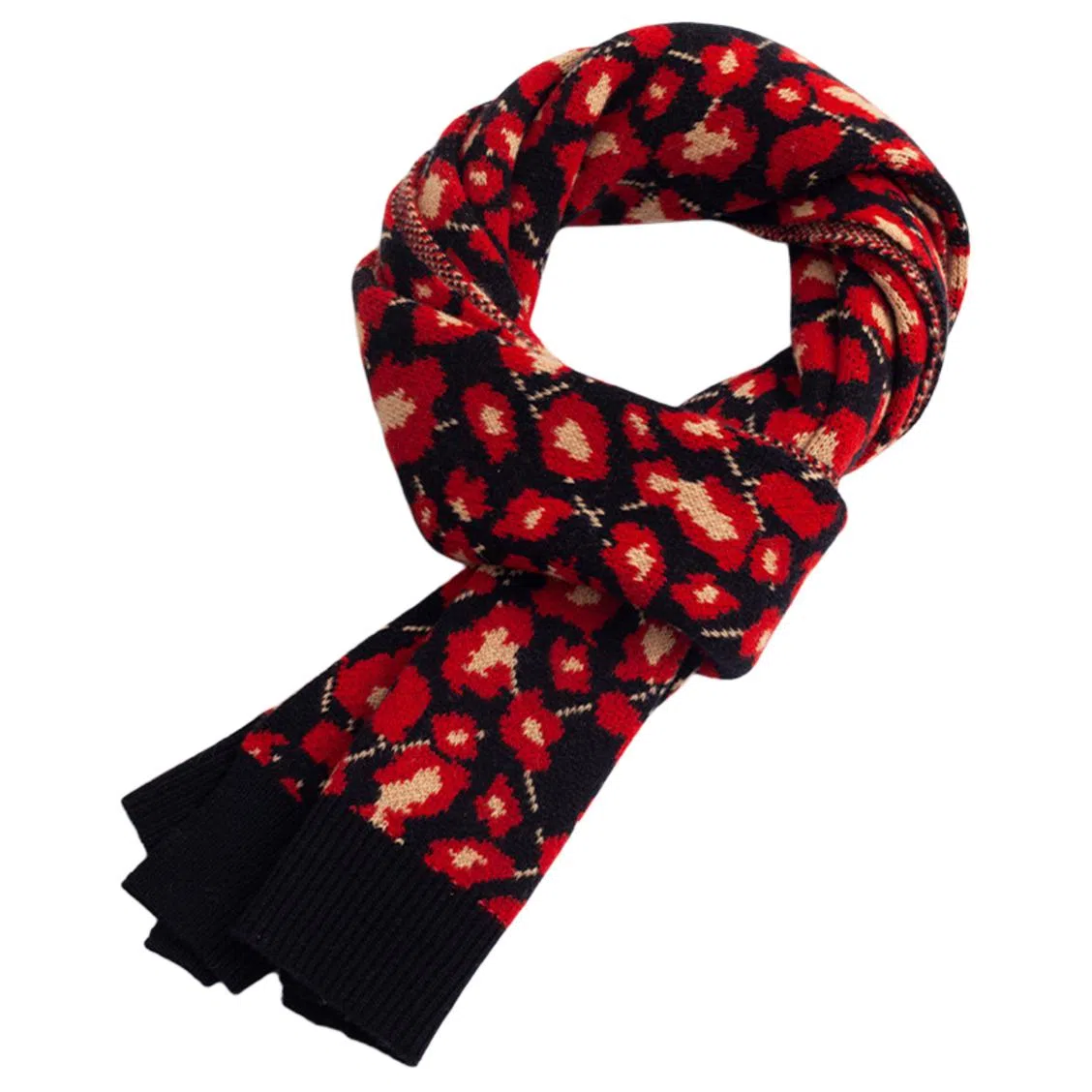 红豆 针织柔软时尚保暖豹纹 羊毛 绒线围巾 男女同款情侣款