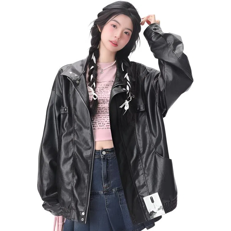 【美式个性PU皮工装拉链外套】布客行 狂野硬朗不羁摇滚机车叛逆霸气纯色宽松痞帅百搭休闲风美拉德翻领设计防风防水潮流  夹克 男女同款