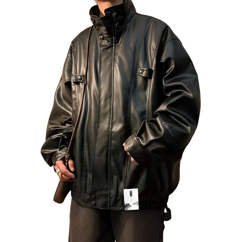 【秋季个性休闲PU皮拉链机车服】布客行 痞帅狂野硬朗摇滚叛逆霸气不羁纯色宽松百搭工装学院翻领设计防风防水夹克 男女同款