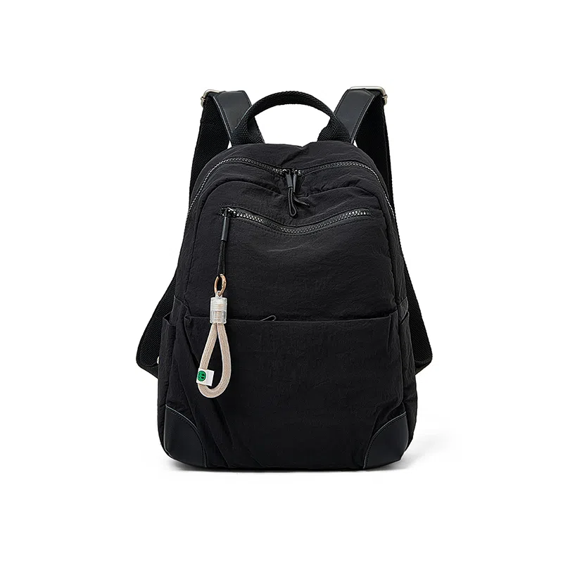 老人头 简约时尚纯色通勤休闲百搭背包大容量高中生大学生 织物 双肩包 男女同款情侣款 黑色/卡其色