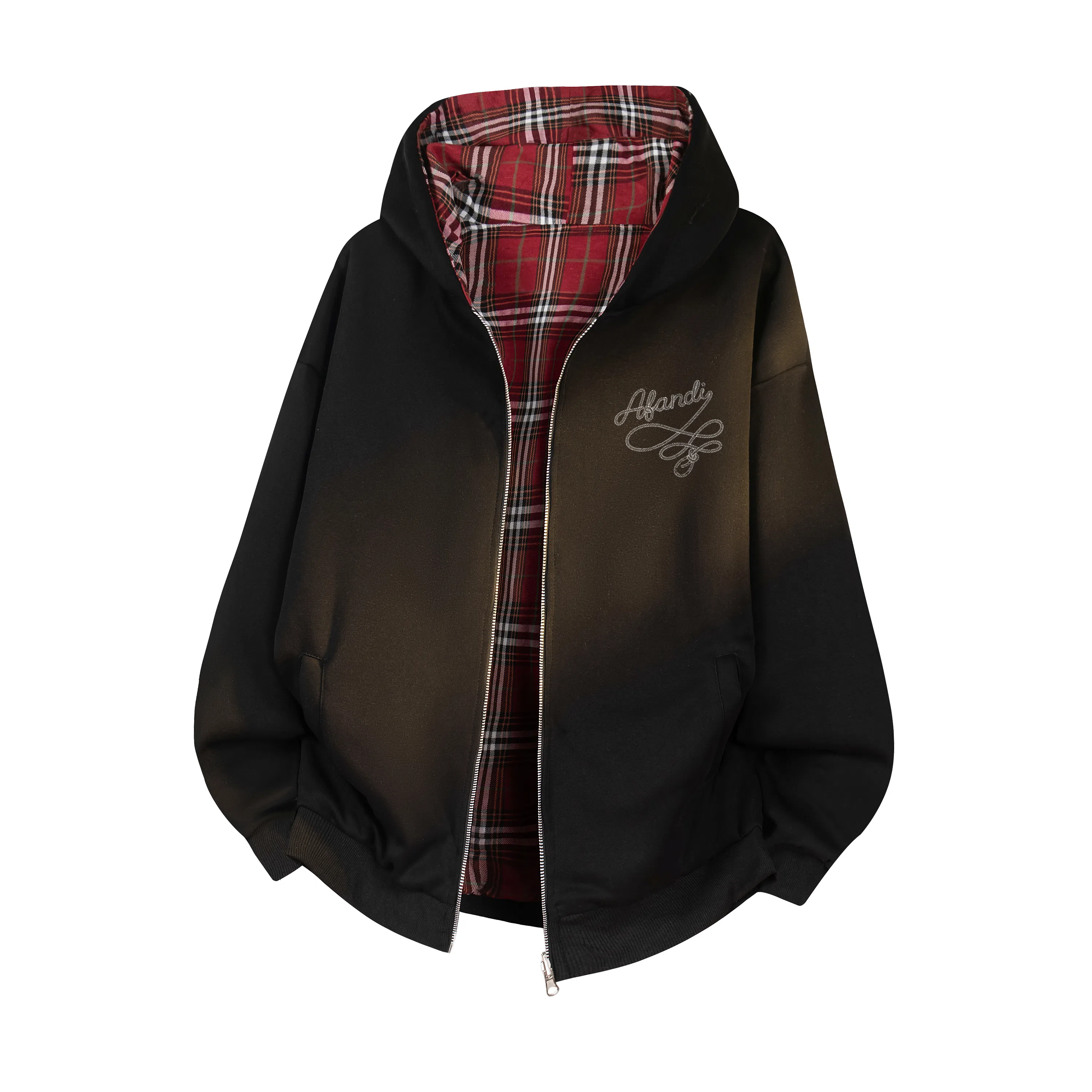 阿凡迪 美式高街复古格子重磅双面穿拼接潮牌嘻哈高级感设计时尚百搭宽松休闲舒适长袖廓形外套情侣连帽开衫卫衣 男女同款