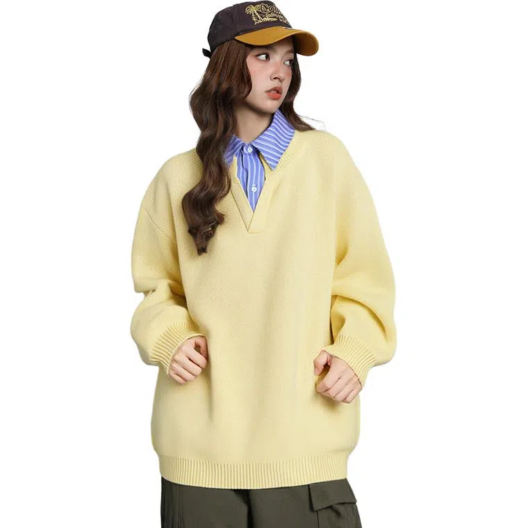 欧迪芬 港式情侣款奶黄色复古假两件衬衫立领上衣秋季毛衣女生美式宽松高街百搭休闲外套卫衣女士慵懒简约纯色显瘦潮流潮牌学生毛衣 女款
