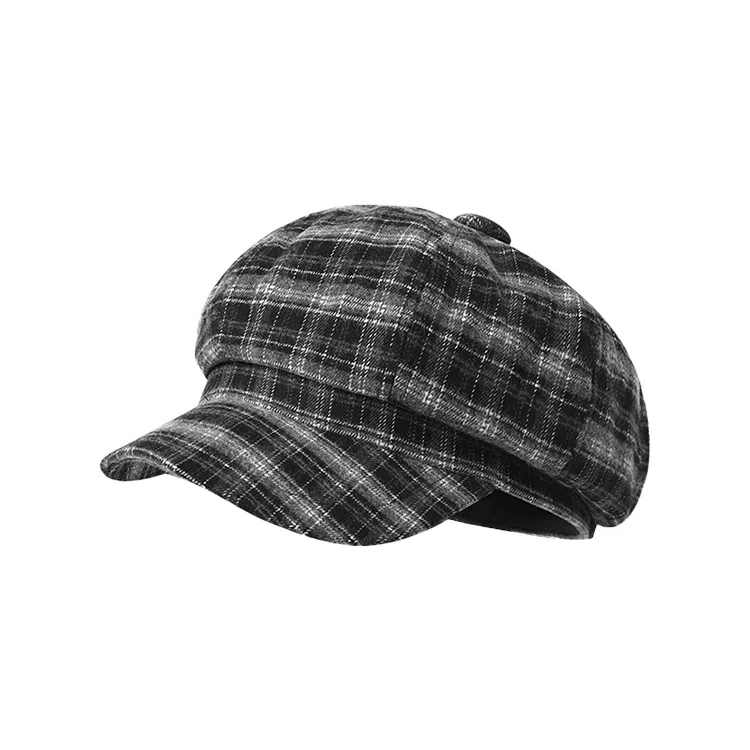 浪莎 复古格纹运动八角时尚简约大头围小众设计显脸小八角 棉 贝雷帽 男女同款情侣款