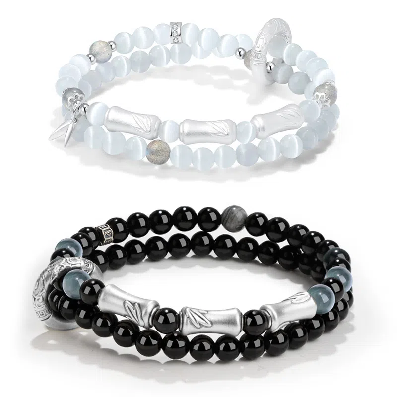 【999足银|命中竹定】 银千惠 新中式竹节圆环节节高升知竹常乐竹叶双层叠戴手饰一对国风串珠绕指柔#好运 黑曜石 手串 男女同款情侣款