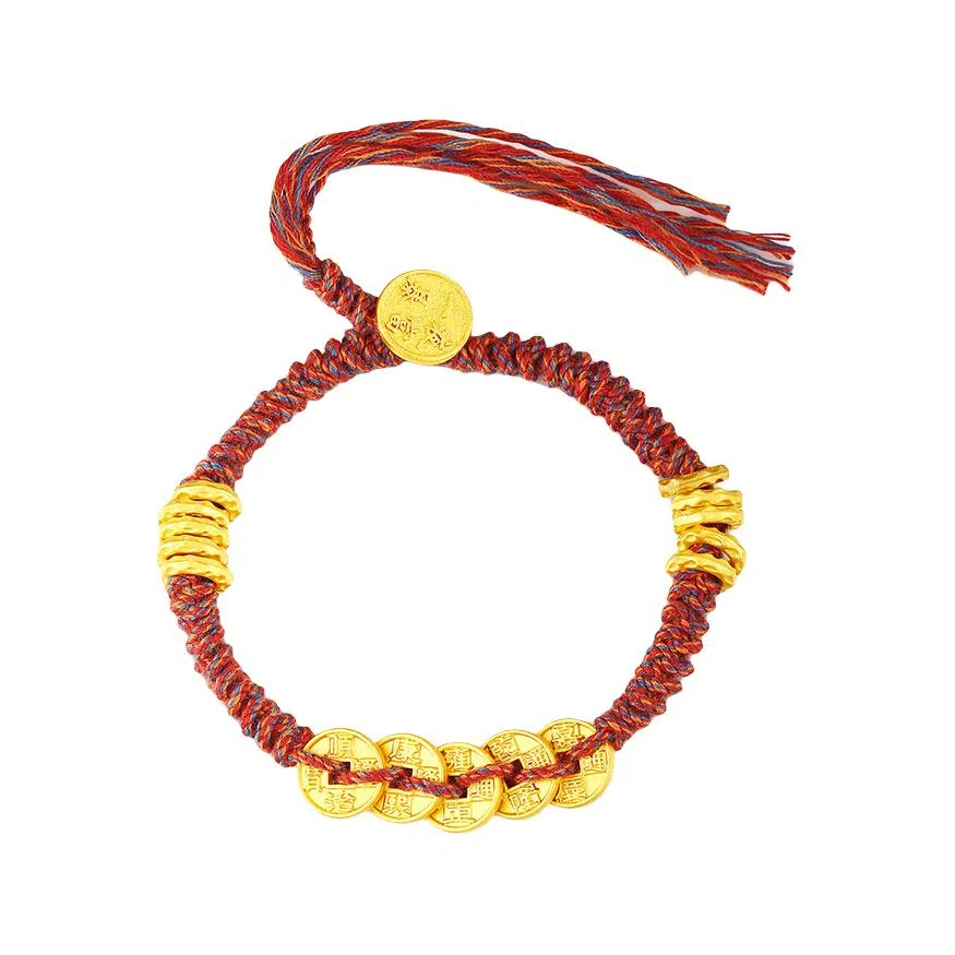 【一夜暴富】 老福黄金 五帝钱碎银子手饰 精致时尚国潮新中式 招财纳福平安健康 手工编织绳转运红绳#好运 合金 手链 女款