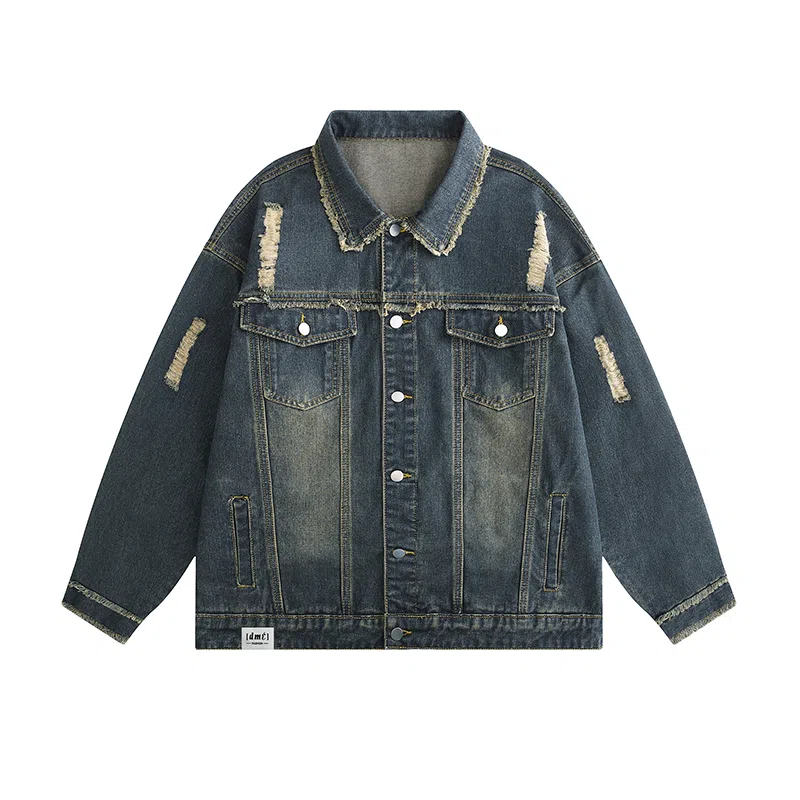 【dme】 美式潮牌高级感毛边设计水洗工装夹克时尚百搭破洞翻领长袖牛仔外套 男女同款