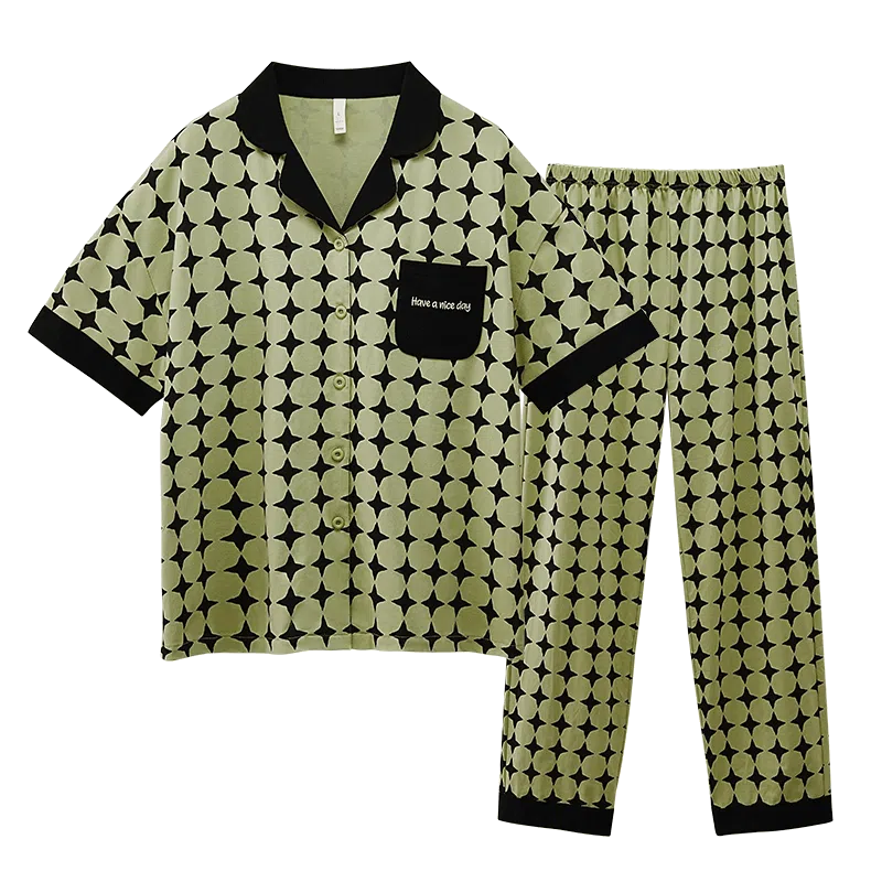 欧迪芬 高级简约短袖格纹常规翻领长裤睡衣套装 女款