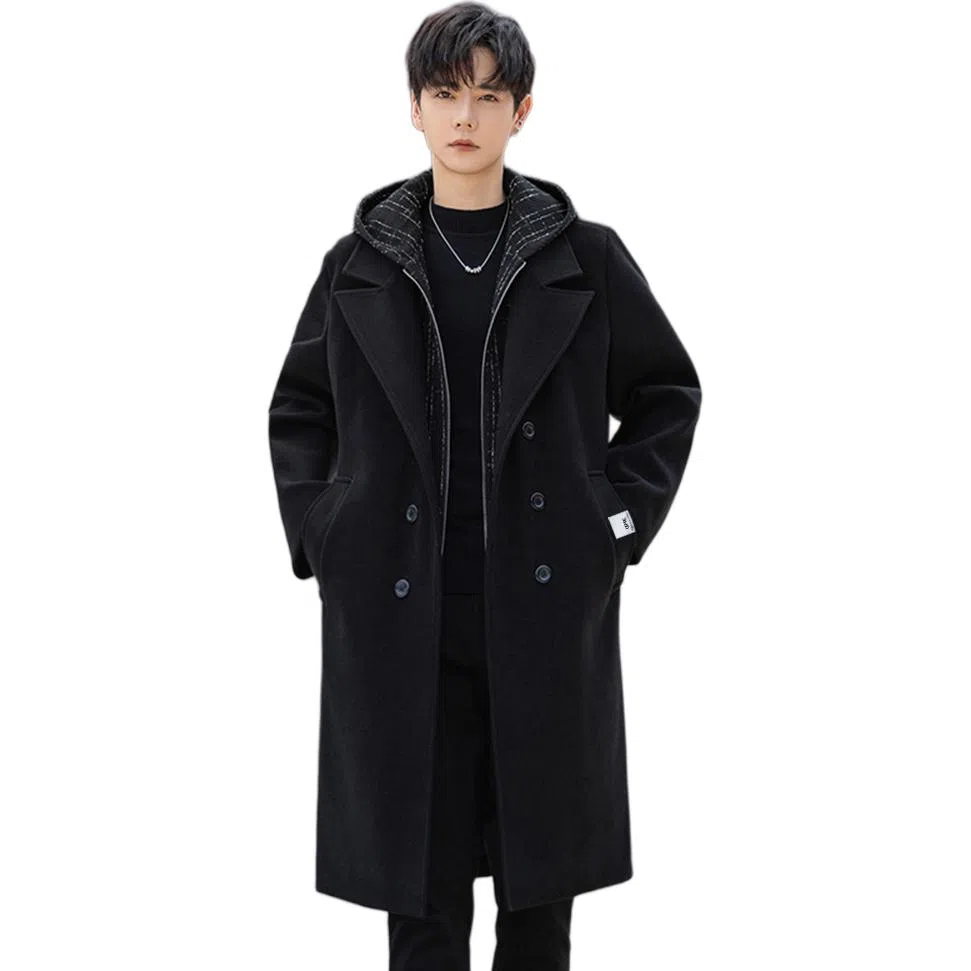 【dme】 潮流韩系假两件宽松连帽小香风中长款毛呢外套男秋冬保暖加厚休闲中性设计款呢子大衣 男女同款