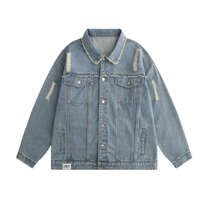 【dme】 美式潮牌高级感毛边设计水洗工装夹克时尚百搭破洞翻领长袖牛仔外套 男女同款