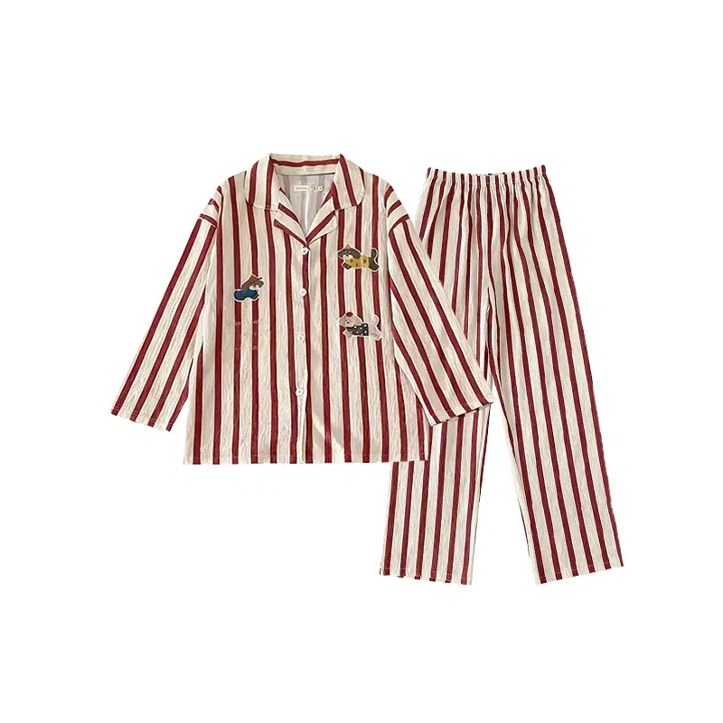 静英鸾 条纹舒适简约长袖翻领设计家居服睡衣套装 女款