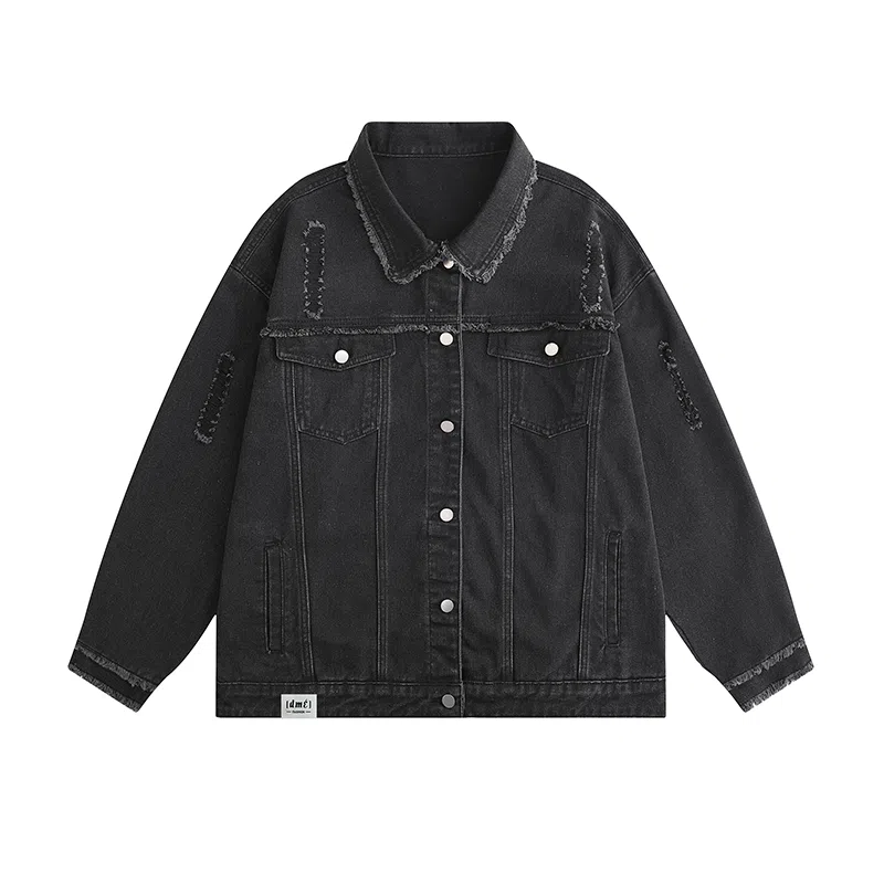 【dme】 美式潮牌高级感毛边设计水洗工装夹克时尚百搭破洞翻领长袖牛仔外套 男女同款