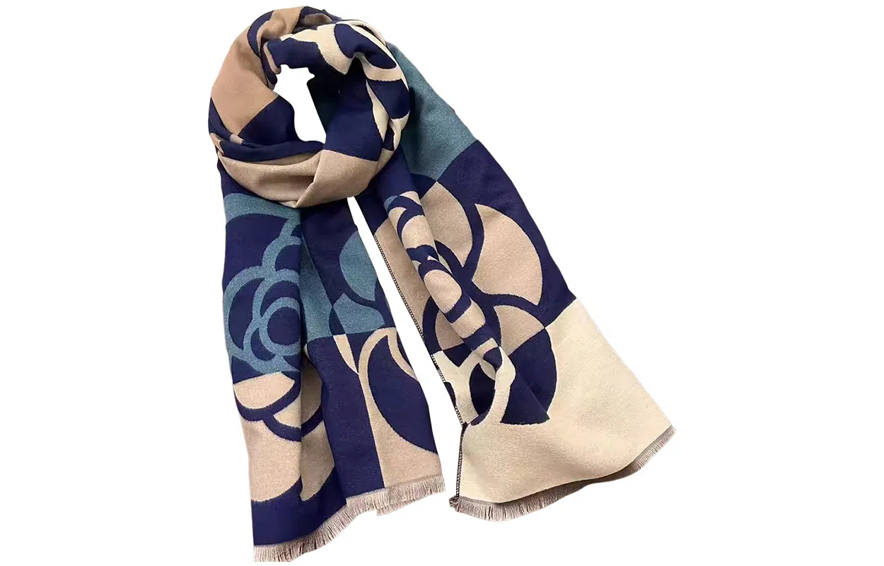 优幽兰 韩版百搭优雅知性拼色山茶花气质双面加厚保暖空调房外搭两用时尚法式高级感穿搭 仿羊绒 绒线围巾 女款