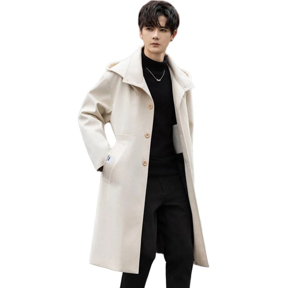 【dme】 气质韩系宽松简约高级感中长款双层领毛呢外套男秋冬潮流痞帅时尚休闲连帽呢子大衣 男女同款