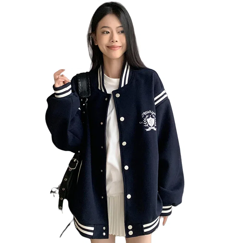 虫小绿 美式复古学院风立领撞色拼接飞行外套春秋季潮流毛呢刺绣工艺棒球服宽松街头休闲百搭上衣工装夹克 男女同款