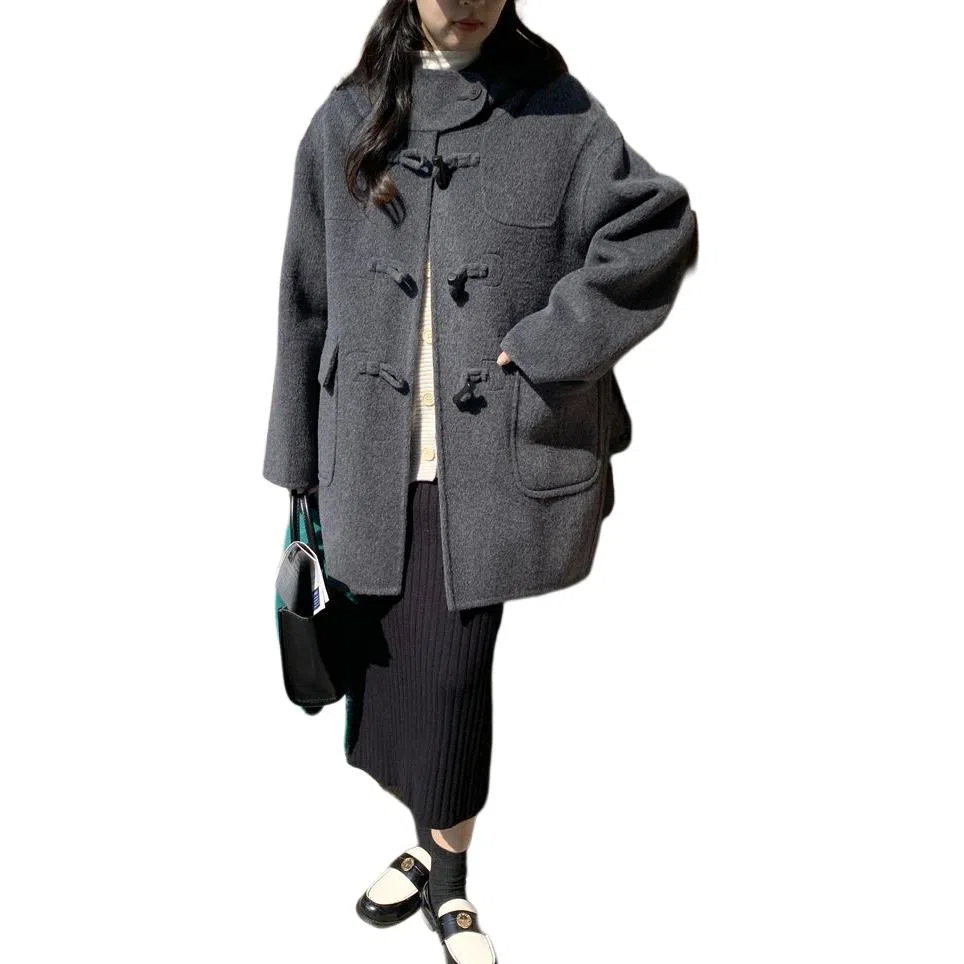 邓大喵 秋冬连帽牛角扣双面毛呢女小个子百搭减龄外套好看大衣 女款