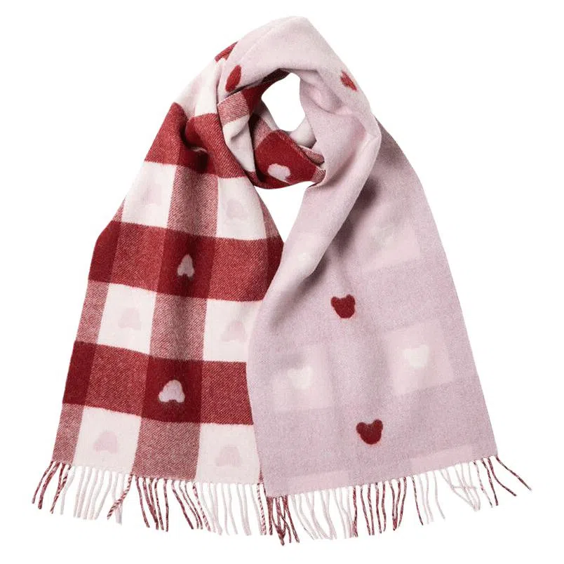 红豆 品牌白粉提花爱心 羊毛 绒线围巾 男女同款情侣款