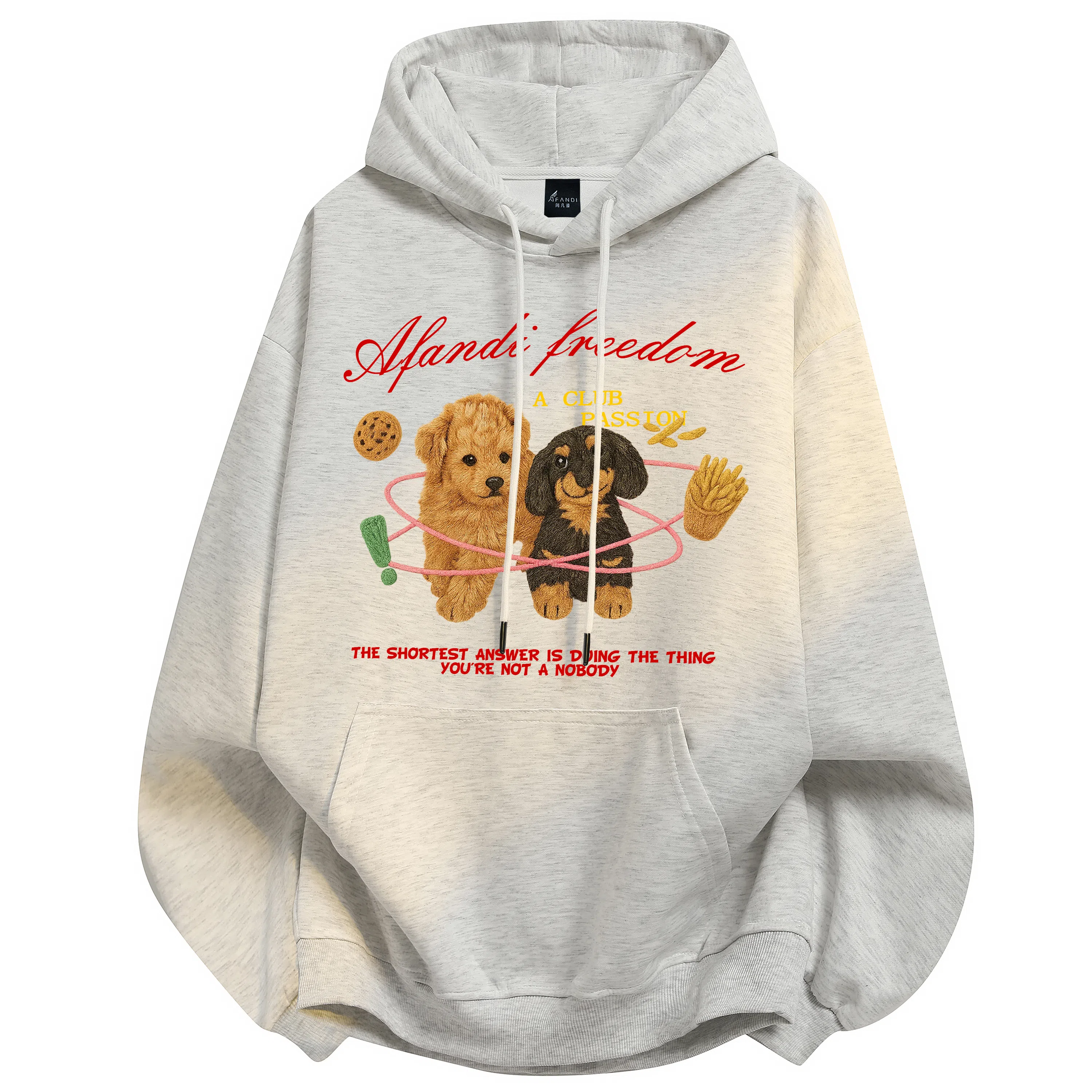 阿凡迪 美式复古街头简约基础仿刺绣宠物小狗花体字母印花宽松舒适休闲百搭时尚潮流通勤无性别主义抽绳长袖连帽卫衣 男女同款