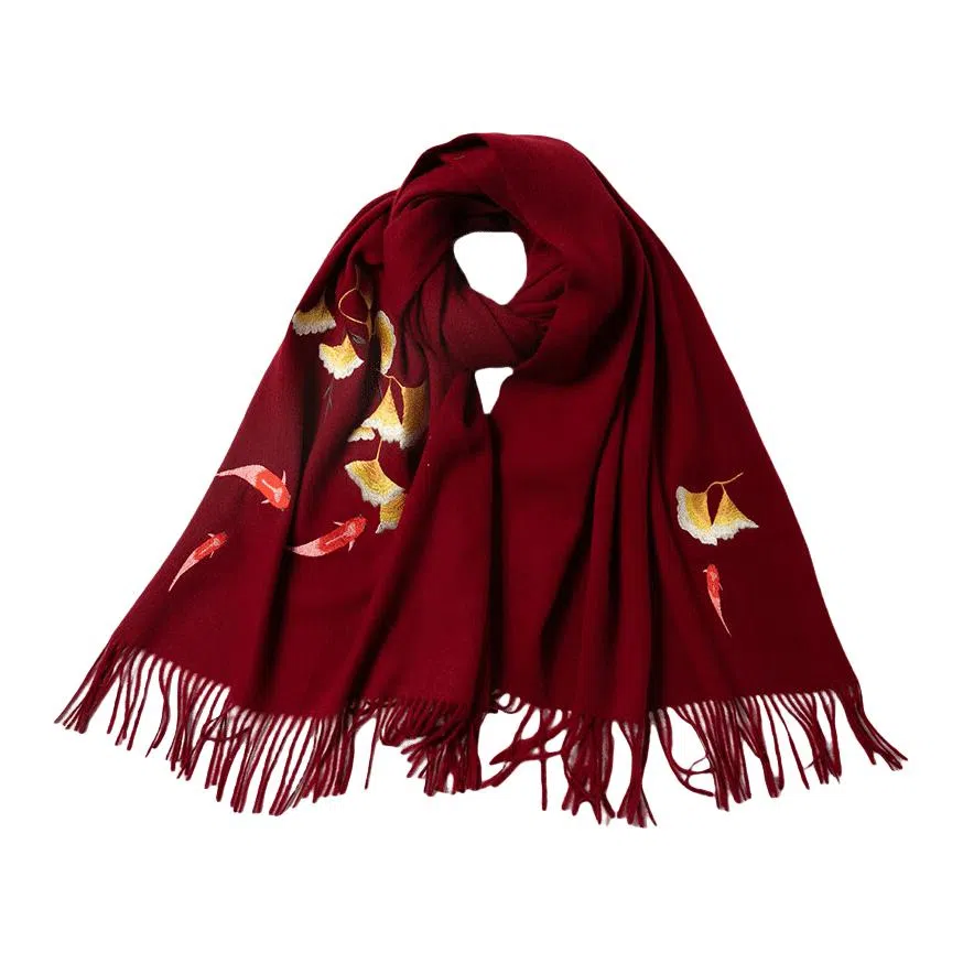 红豆 品牌刺绣大红酒红时尚百搭喜庆保暖玉兰锦鲤#好运 羊毛 绒线围巾 男女同款情侣款