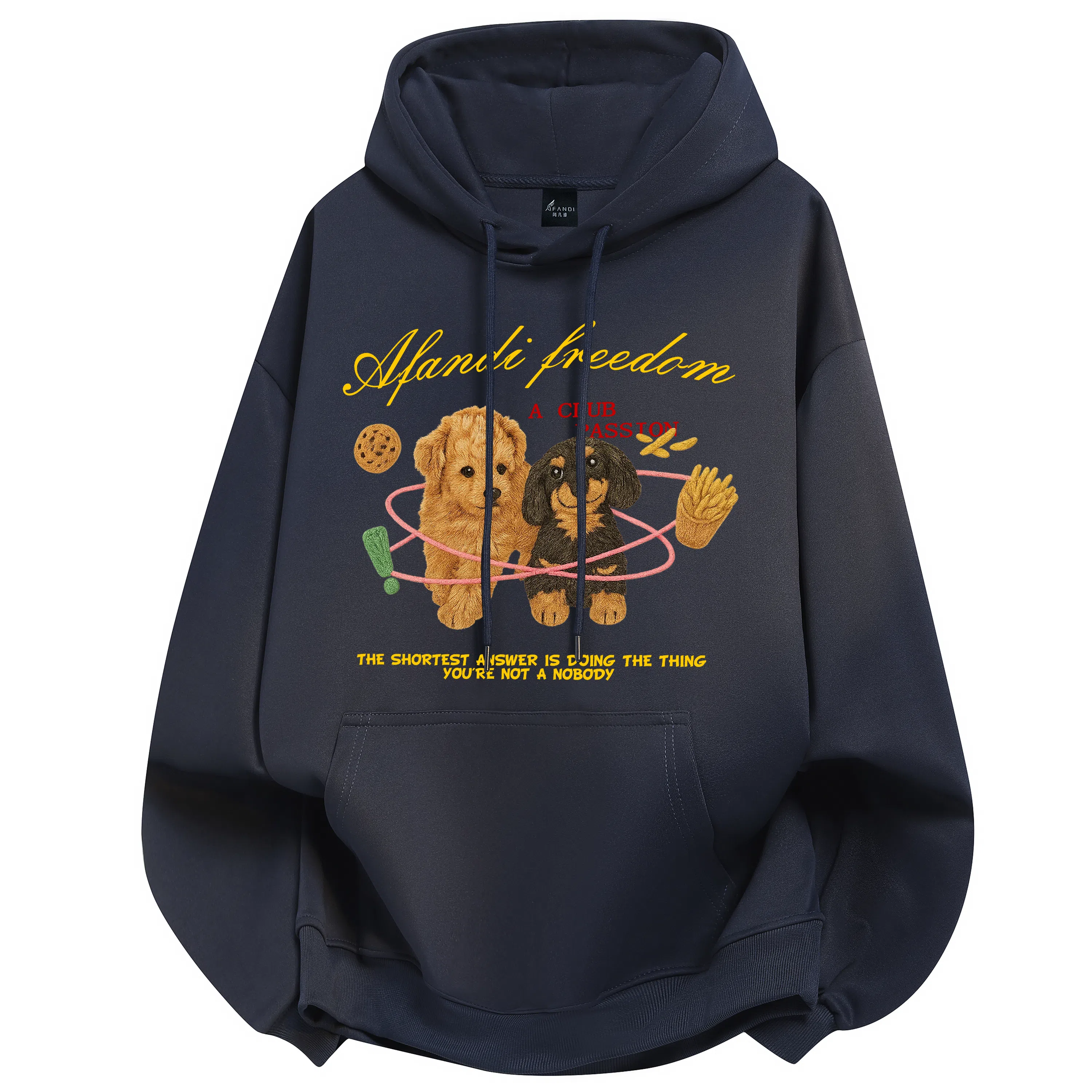 阿凡迪 美式复古街头简约基础仿刺绣宠物小狗花体字母印花宽松舒适休闲百搭时尚潮流通勤无性别主义抽绳长袖连帽卫衣 男女同款