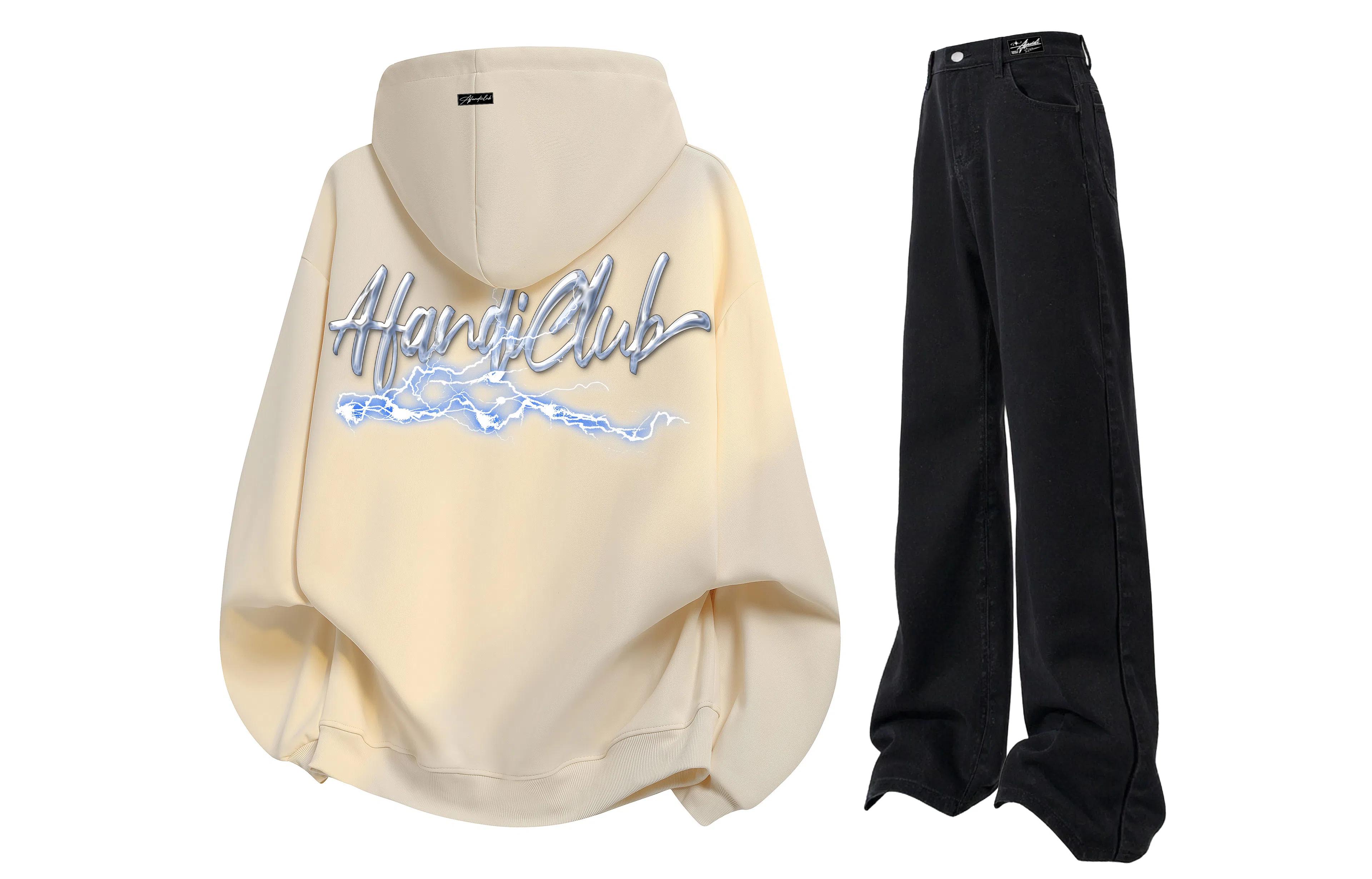 阿凡迪 美式复古街头个性创意设计幻影闪电涂鸦字母潮牌印花宽松舒适百搭时尚潮流通勤连帽长袖卫衣中腰直筒牛仔裤休闲运动套装 男女同款