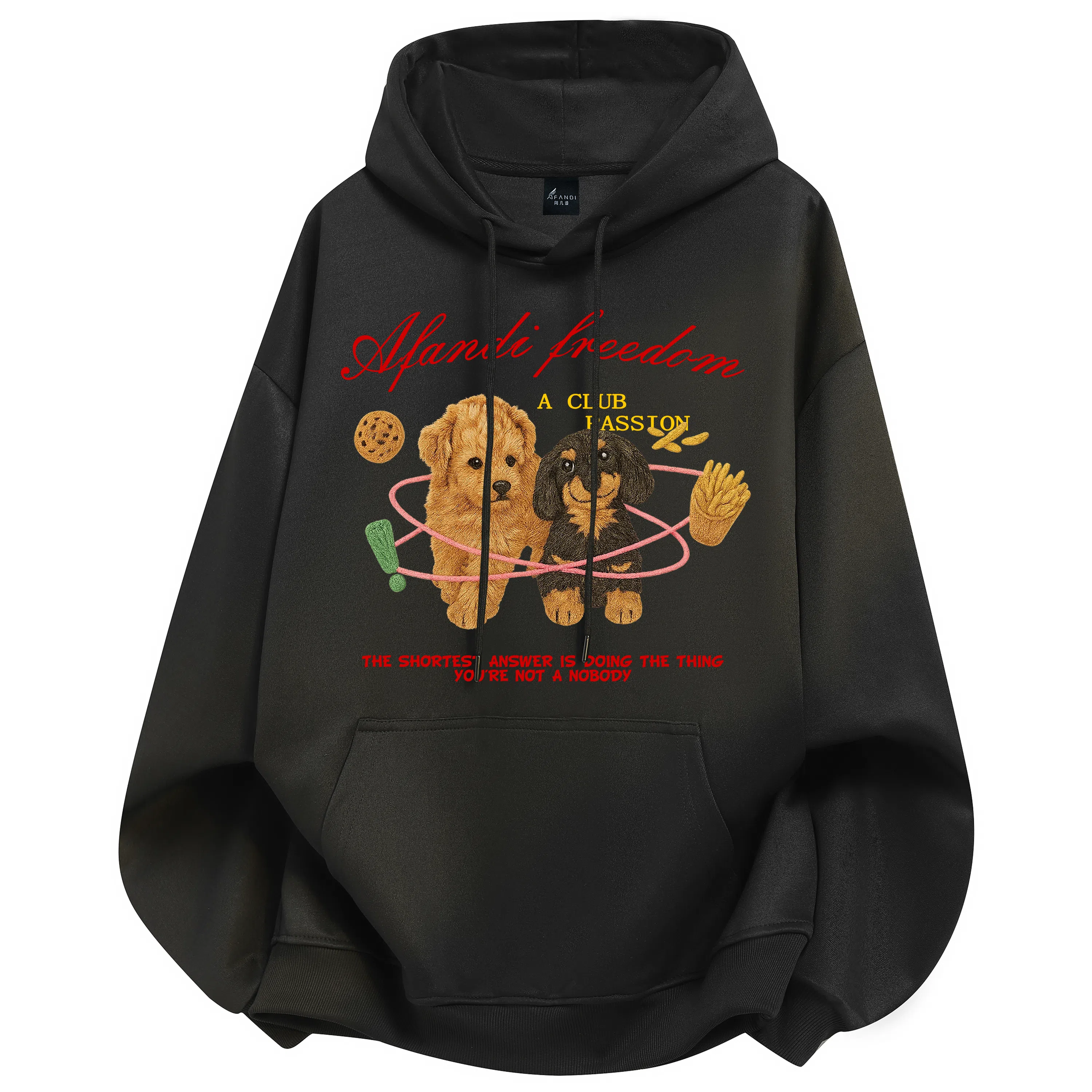 阿凡迪 美式复古街头简约基础仿刺绣宠物小狗花体字母印花宽松舒适休闲百搭时尚潮流通勤无性别主义抽绳长袖连帽卫衣 男女同款