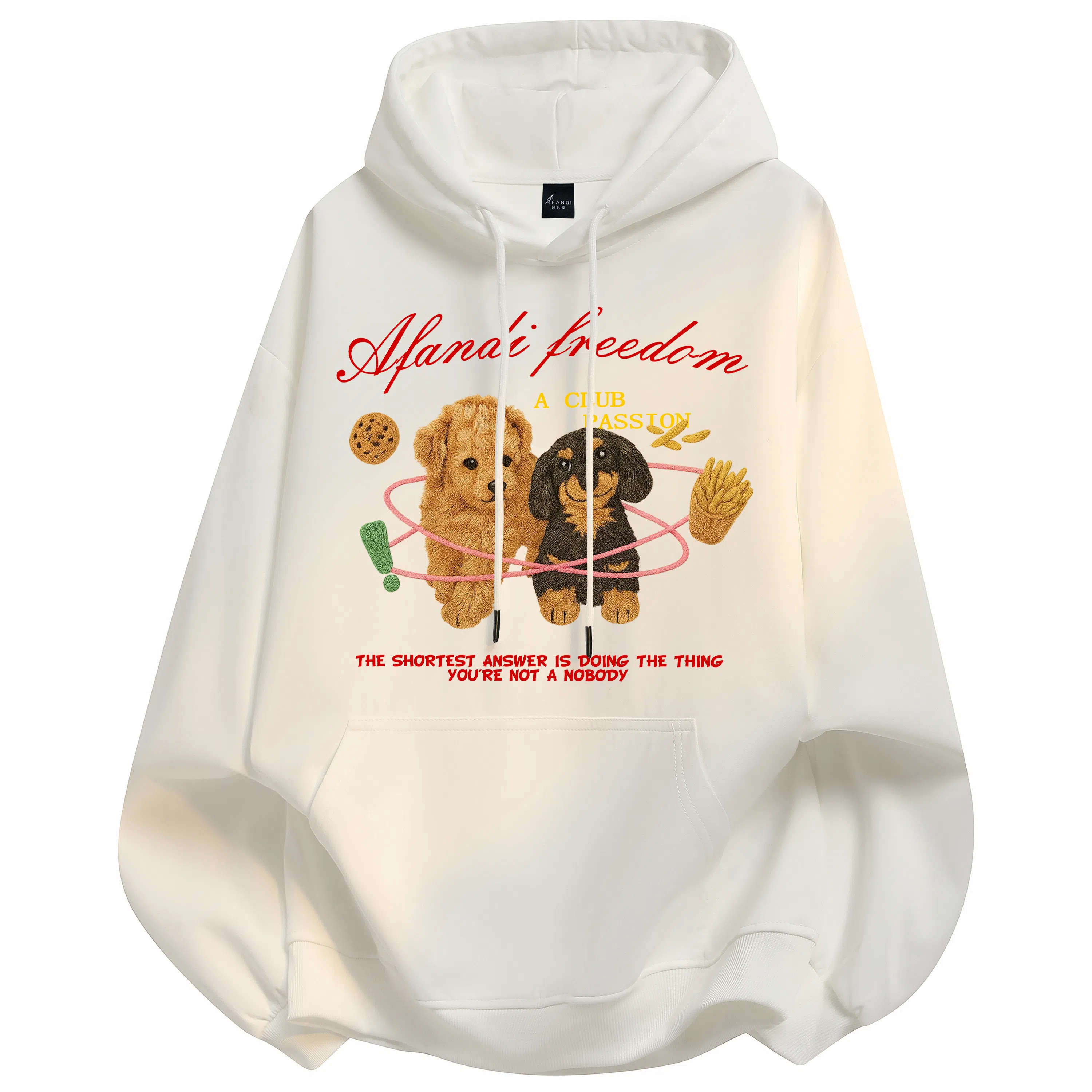 阿凡迪 美式复古街头简约基础仿刺绣宠物小狗花体字母印花宽松舒适休闲百搭时尚潮流通勤无性别主义抽绳长袖连帽卫衣 男女同款