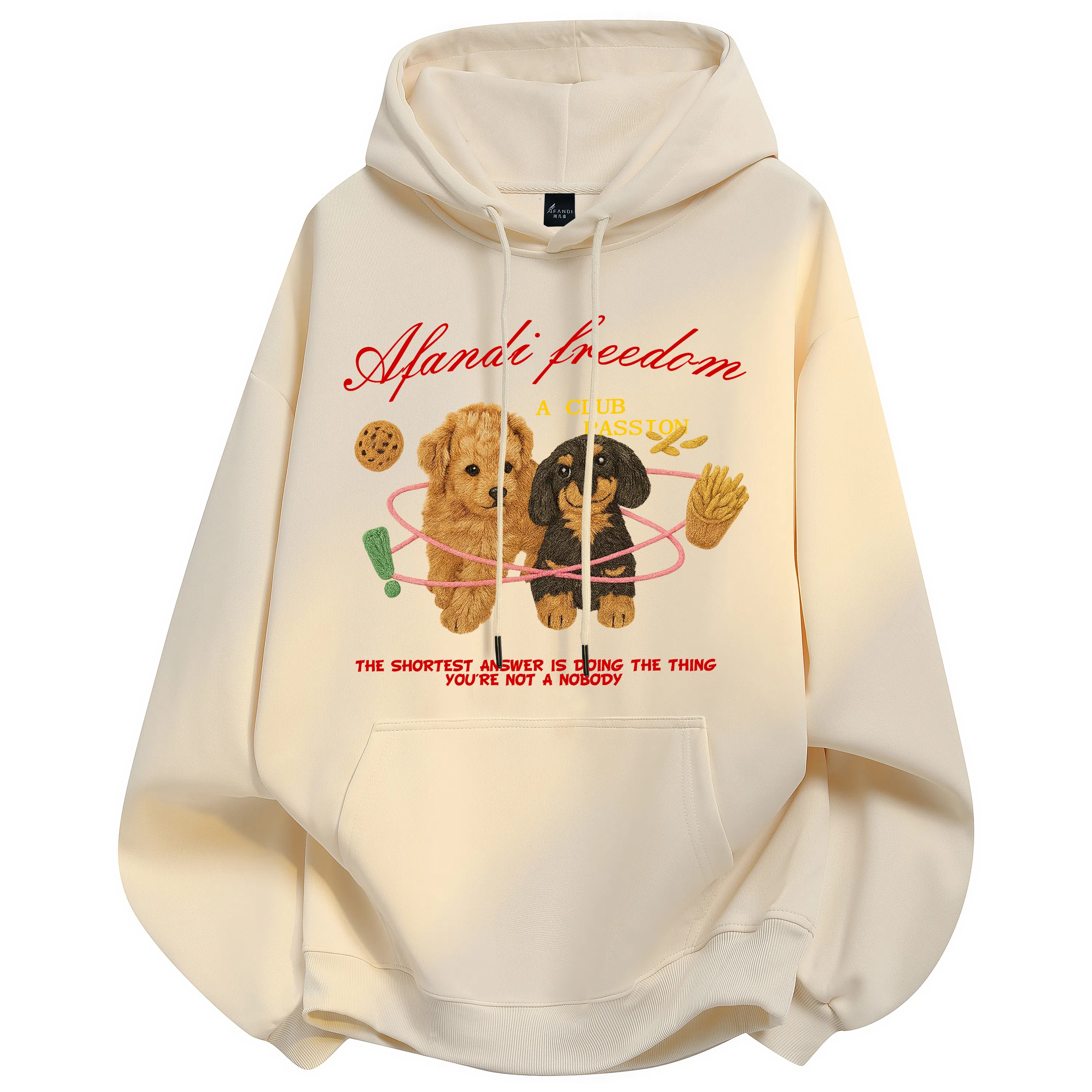 阿凡迪 美式复古街头简约基础仿刺绣宠物小狗花体字母印花宽松舒适休闲百搭时尚潮流通勤无性别主义抽绳长袖连帽卫衣 男女同款