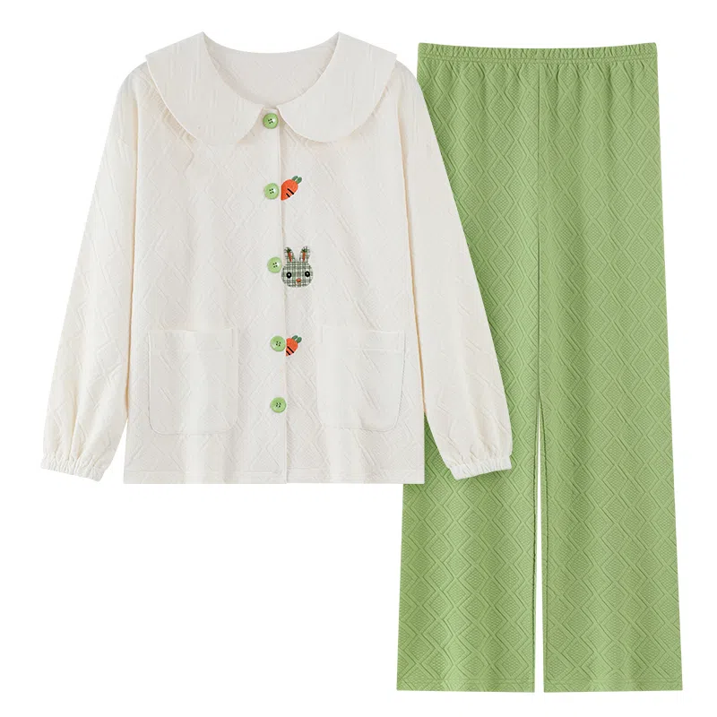 莫代尔 舒适轻柔亲肤透气翻领开衫慵懒宽松显瘦个性长袖长裤家居服可外穿睡衣套装 女款