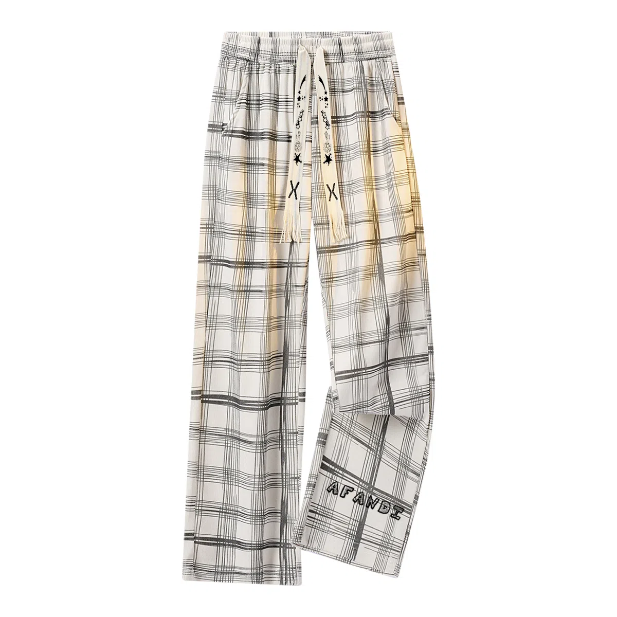 阿凡迪 美式复古潮流格子条纹中腰潮牌系带星星小标字母印花日常百搭高街宽松垂坠微弹汤透气阔腿裤垂感直筒休闲裤 男女同款