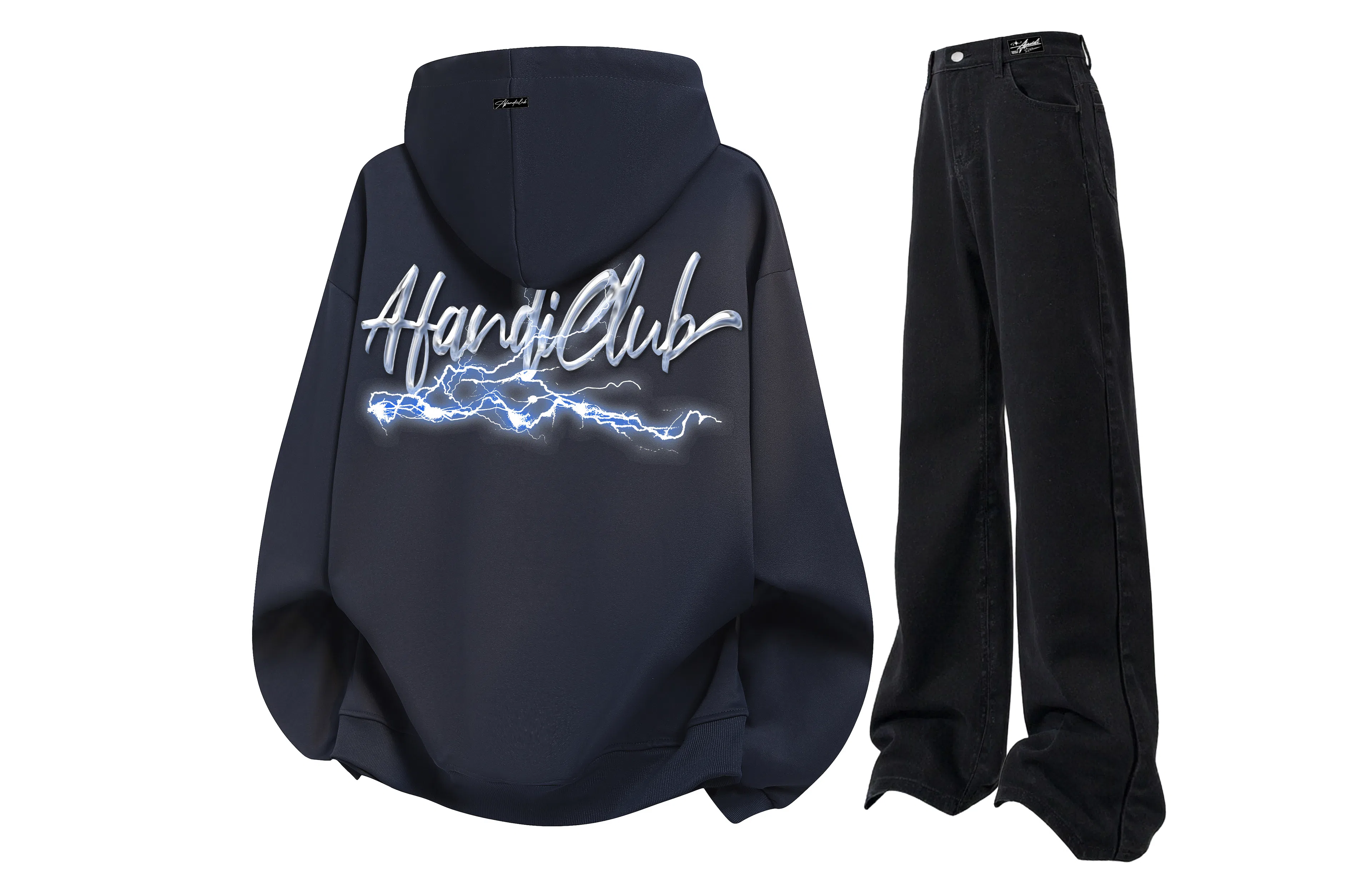 阿凡迪 美式复古街头个性创意设计幻影闪电涂鸦字母潮牌印花宽松舒适百搭时尚潮流通勤连帽长袖卫衣中腰直筒牛仔裤休闲运动套装 男女同款