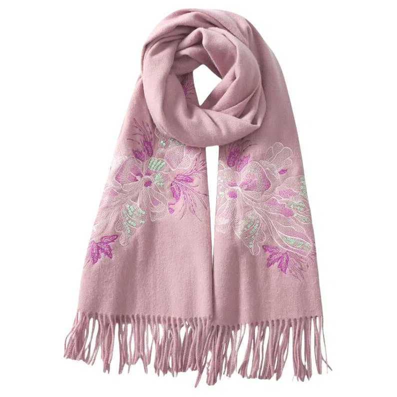 红豆 品牌刺绣披肩两用宽大保暖 羊毛 绒线围巾 男女同款情侣款