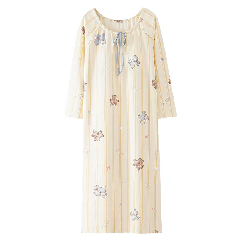 莫代尔 韩版宽松显瘦纯棉舒适轻柔亲肤细腻自带胸垫防凸点长袖裙家居裙睡裙 女款