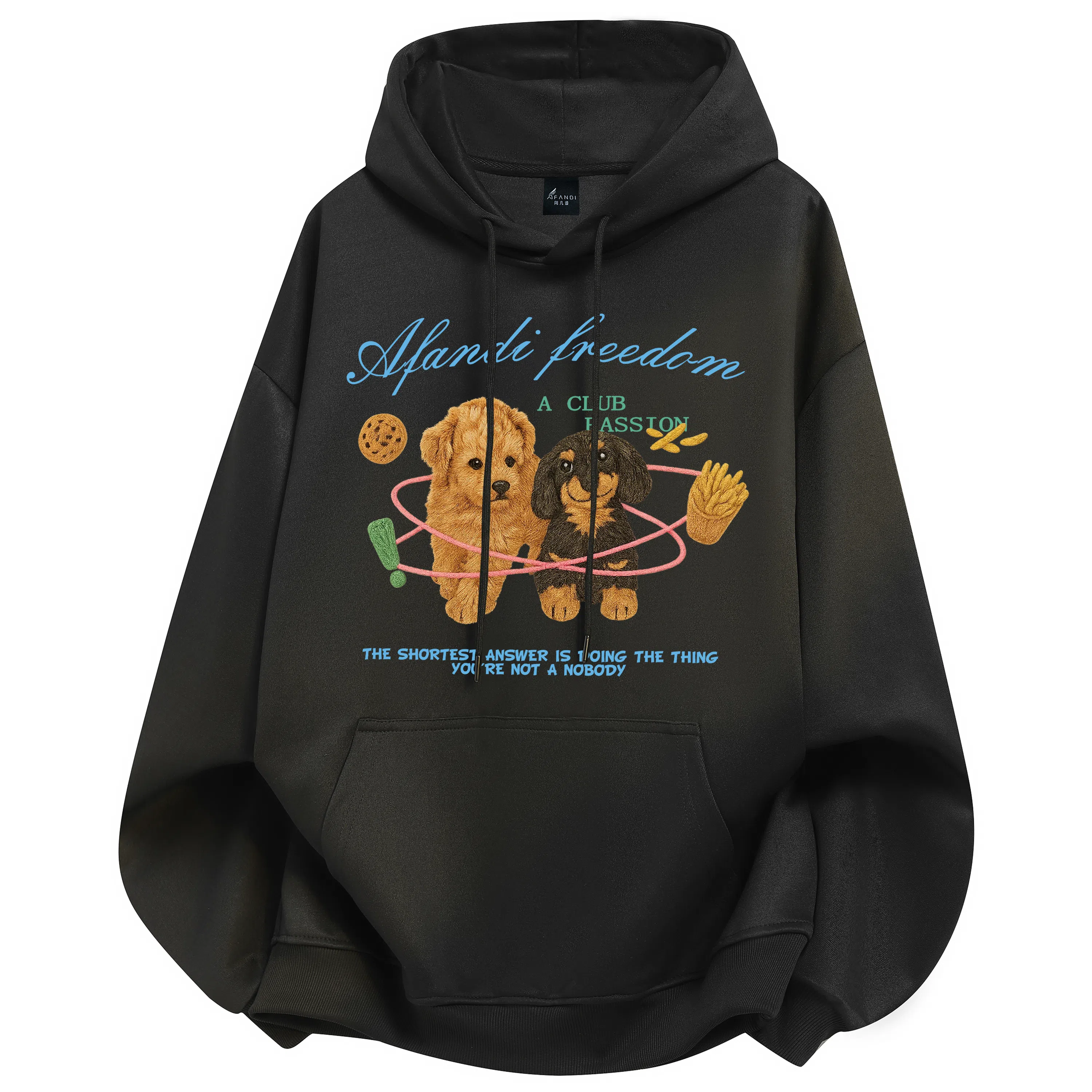 阿凡迪 美式复古街头简约基础仿刺绣宠物小狗花体字母印花宽松舒适休闲百搭时尚潮流通勤无性别主义抽绳长袖连帽卫衣 男女同款