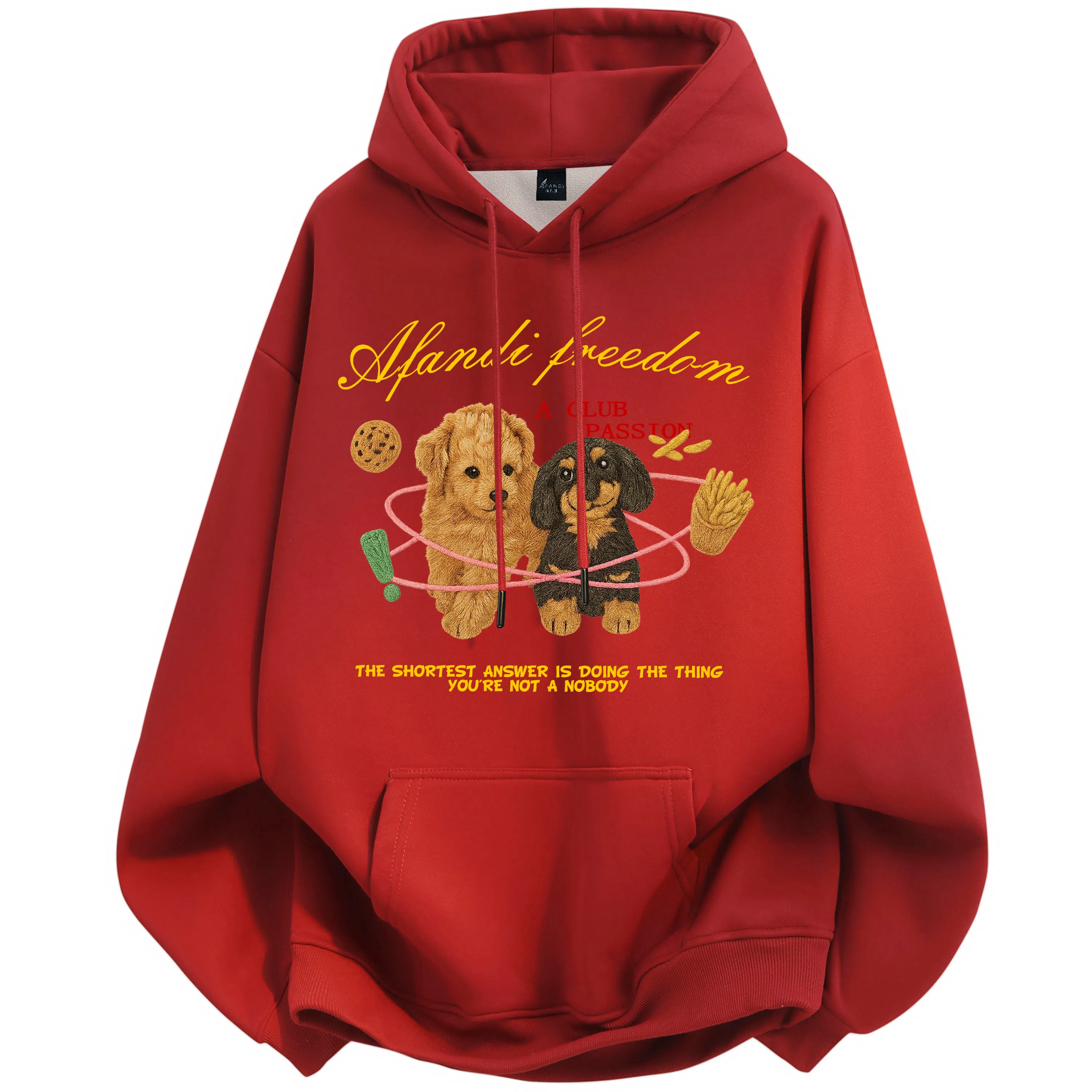 阿凡迪 美式复古街头简约基础仿刺绣宠物小狗花体字母印花宽松舒适休闲百搭时尚潮流通勤无性别主义抽绳长袖连帽卫衣 男女同款