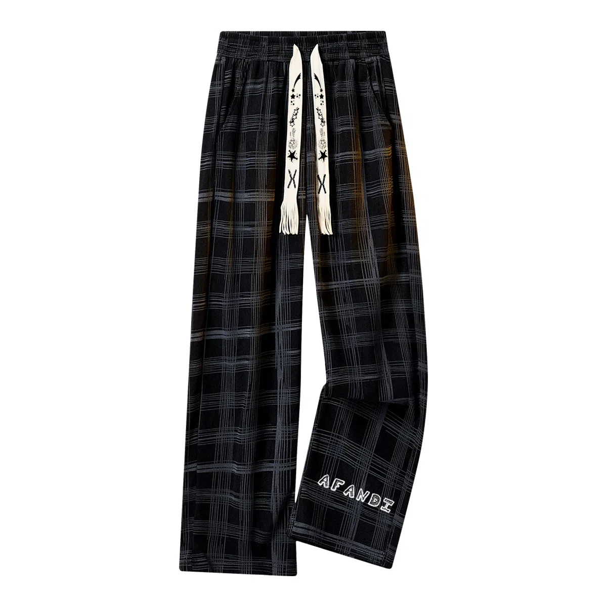 阿凡迪 美式复古潮流格子条纹中腰潮牌系带星星小标字母印花日常百搭高街宽松垂坠微弹汤透气阔腿裤垂感直筒休闲裤 男女同款