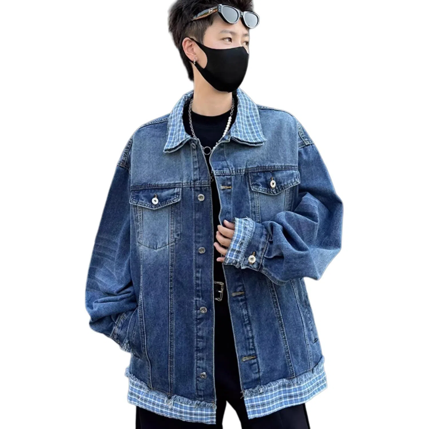 虫小绿 美式假两件拼接潮牌街头垂感翻领百搭宽松牛仔外套 男女同款