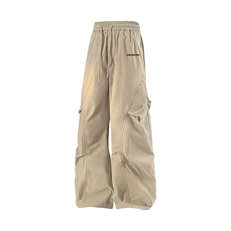 欧迪芬 显高显瘦 学院风高街基础款纯色字母印花褶皱设计宽松休闲垂感直筒山系机能风降落伞兵简约运动户外系带裤百搭工装裤 女款