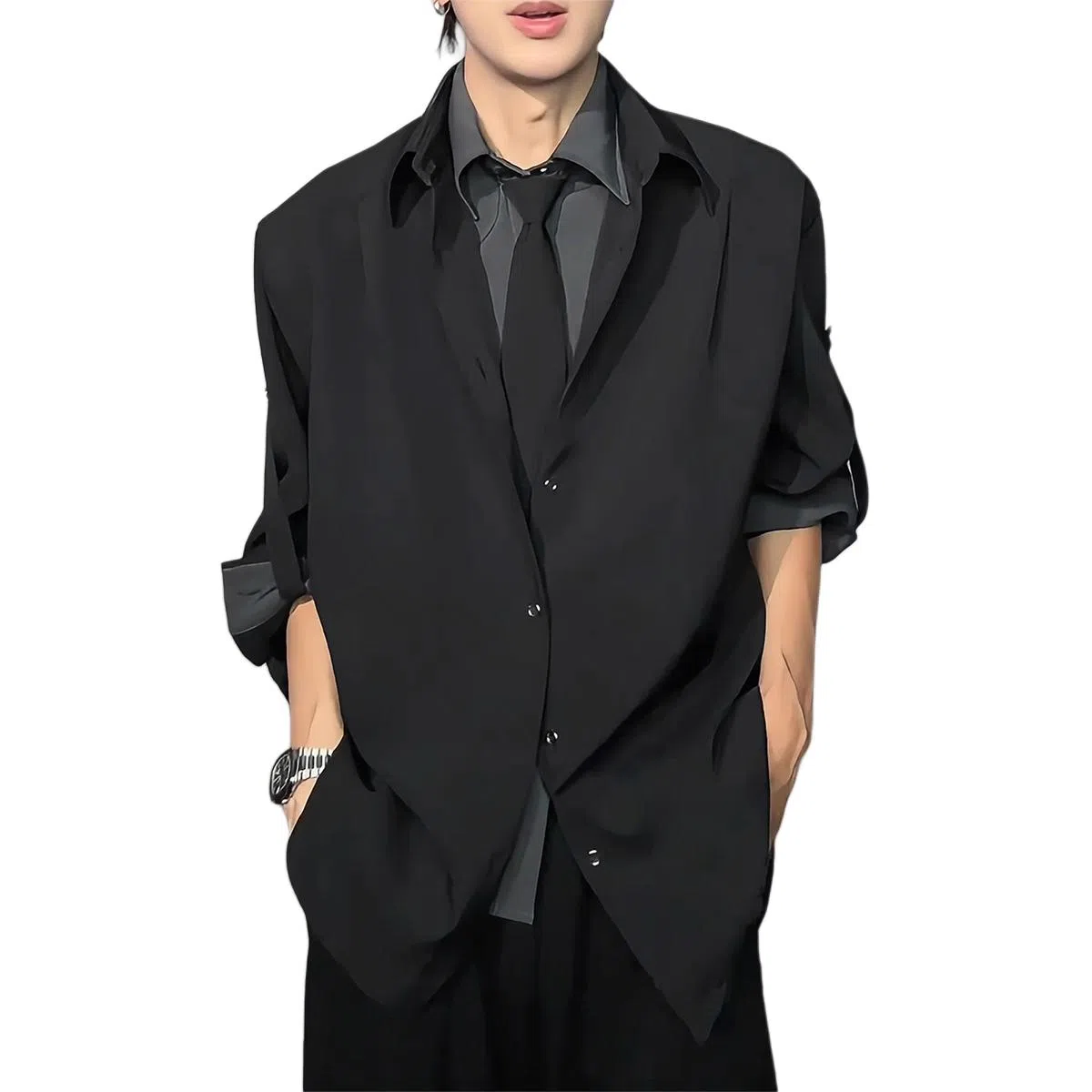 徐百货 美式假两件拼接设计感衬衣黑色高级感痞帅上衣宽松舒适潮流百搭西装 男女同款
