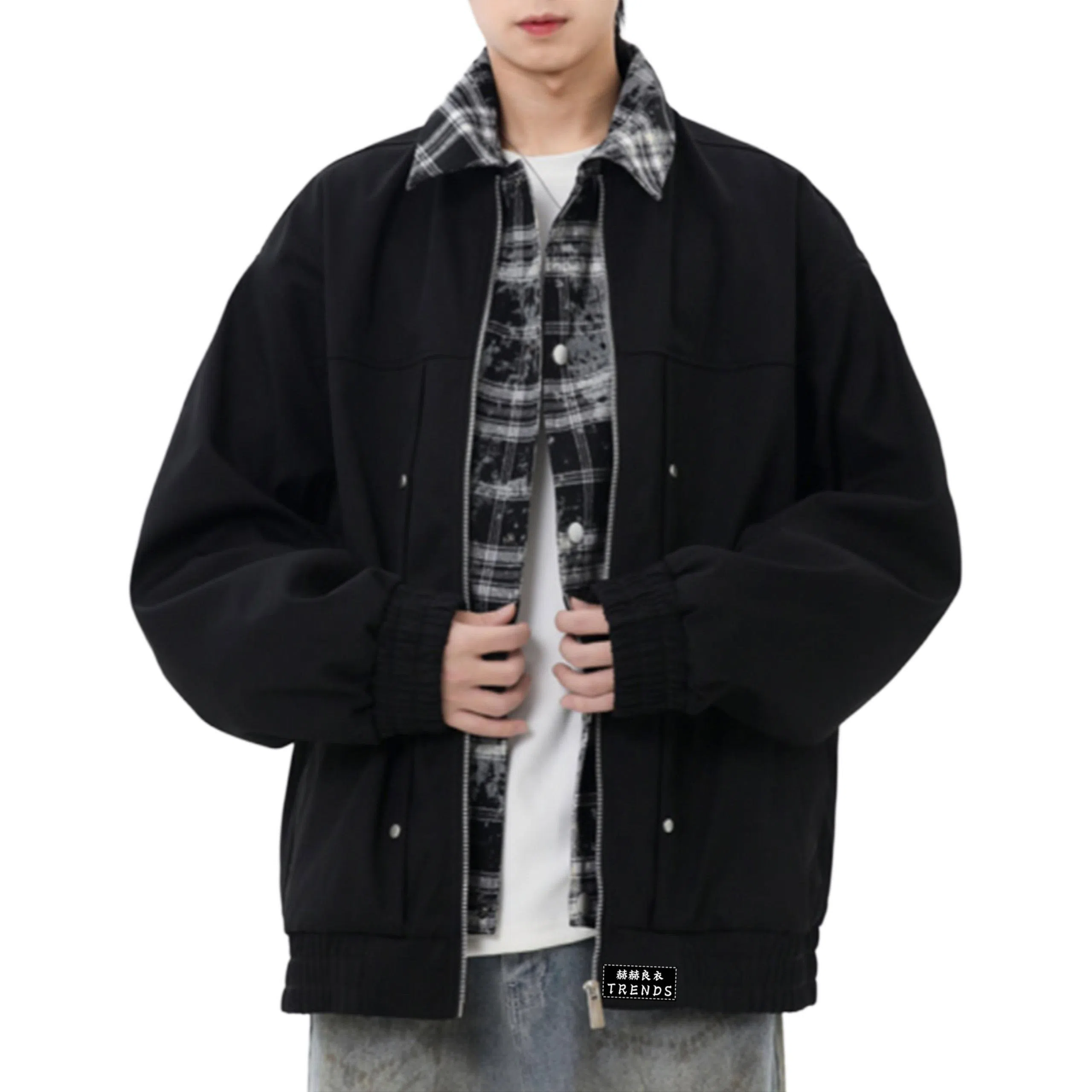 【290斤大码可穿】赫赫良衣 美式复古痞帅高街风翻领假两件上衣防风保暖耐磨休闲舒适宽松百搭小众高级感学院风韩系潮牌夹克外套 男女同款